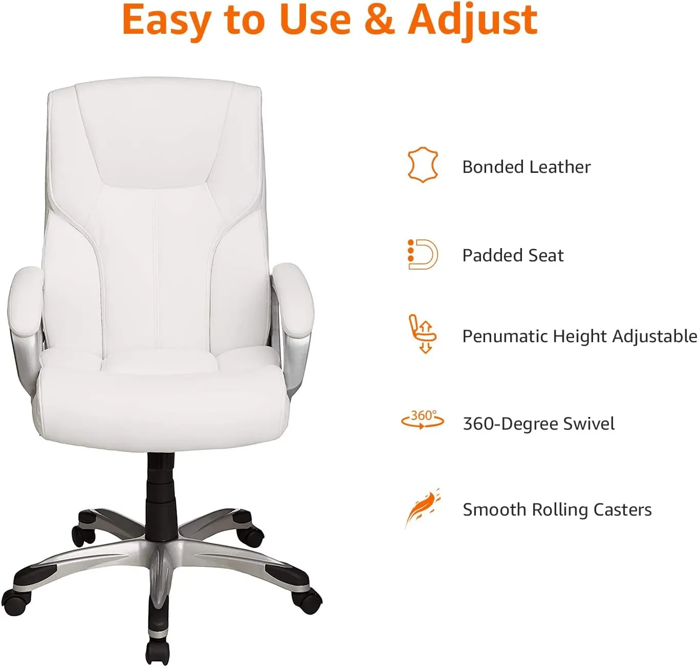 Amazon Basics Executive High Back Office Desk Chair, Adjustable Height, Tilt, Swivel, one Size, White/Pewter