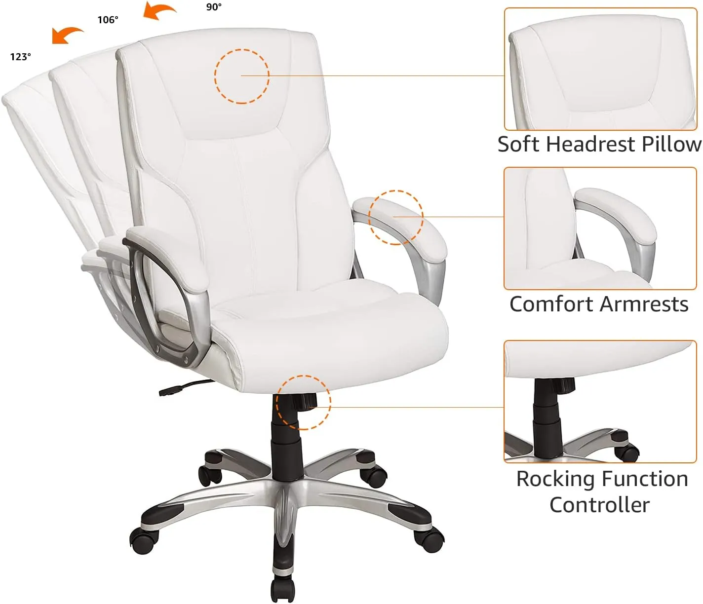 Amazon Basics Executive High Back Office Desk Chair, Adjustable Height, Tilt, Swivel, one Size, White/Pewter