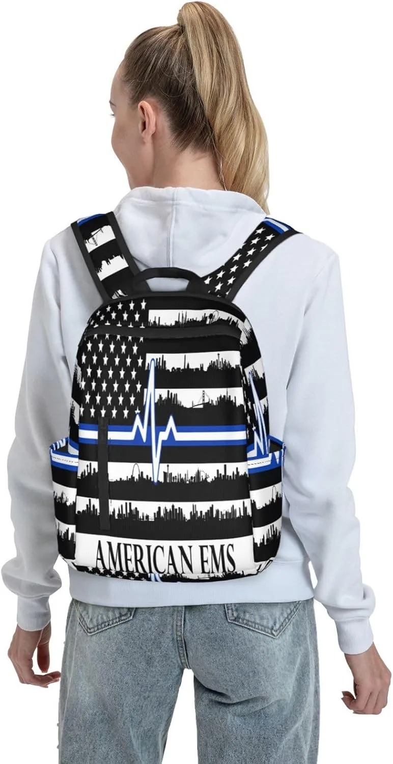 American EMS Rescue Flag Casual Backpacks Laptop Backpack Outdoor Travel Rucksack Sport Carry-On Daypack Lightweight Bag with Multi-Pockets