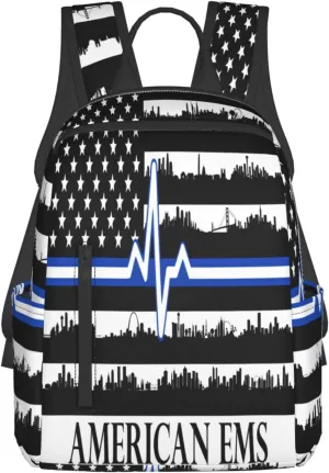 American EMS Rescue Flag Casual Backpacks Laptop Backpack Outdoor Travel Rucksack Sport Carry-On Daypack Lightweight Bag with Multi-Pockets