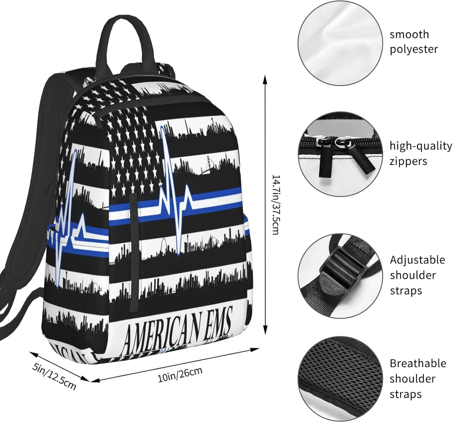 American EMS Rescue Flag Casual Backpacks Laptop Backpack Outdoor Travel Rucksack Sport Carry-On Daypack Lightweight Bag with Multi-Pockets