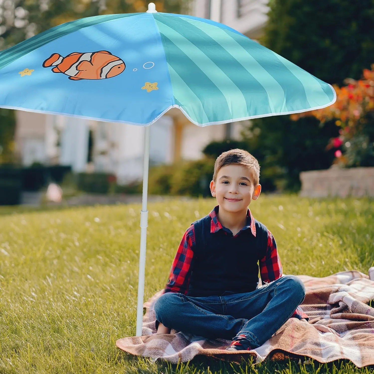 AMMSUN 5ft Seaside Umbrella for Sand Box Water Table - Kids Durable Umbrellas for children Picnic Beach Camping Garden Outdoor Play Shade Green Clownfish