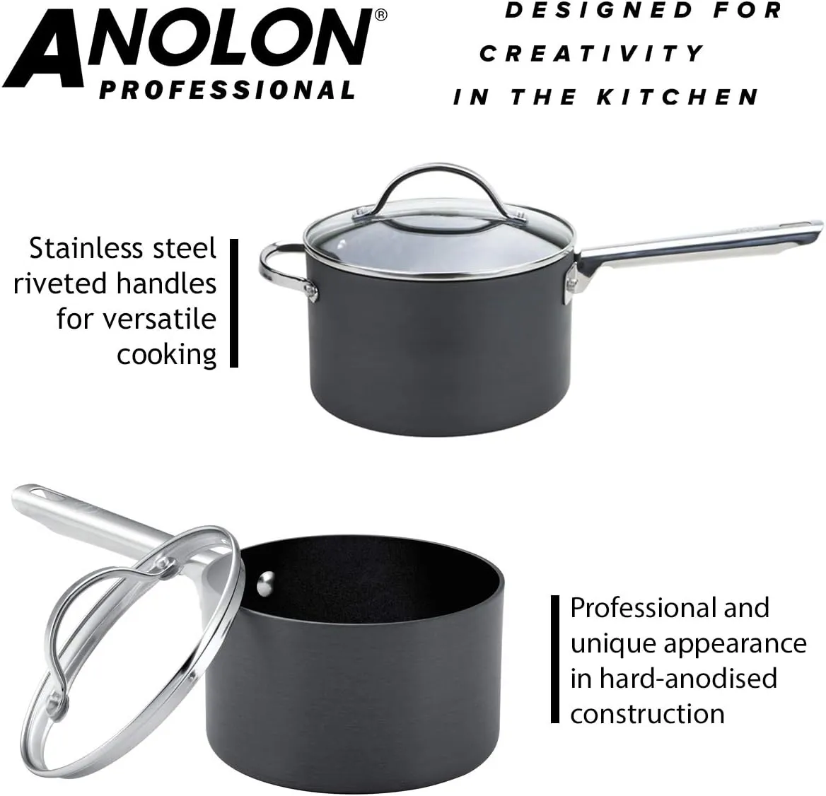 Anolon Professional Hard Anodised Saucepans and Fry Pans, Black, Set of 5, Anodized Aluminum