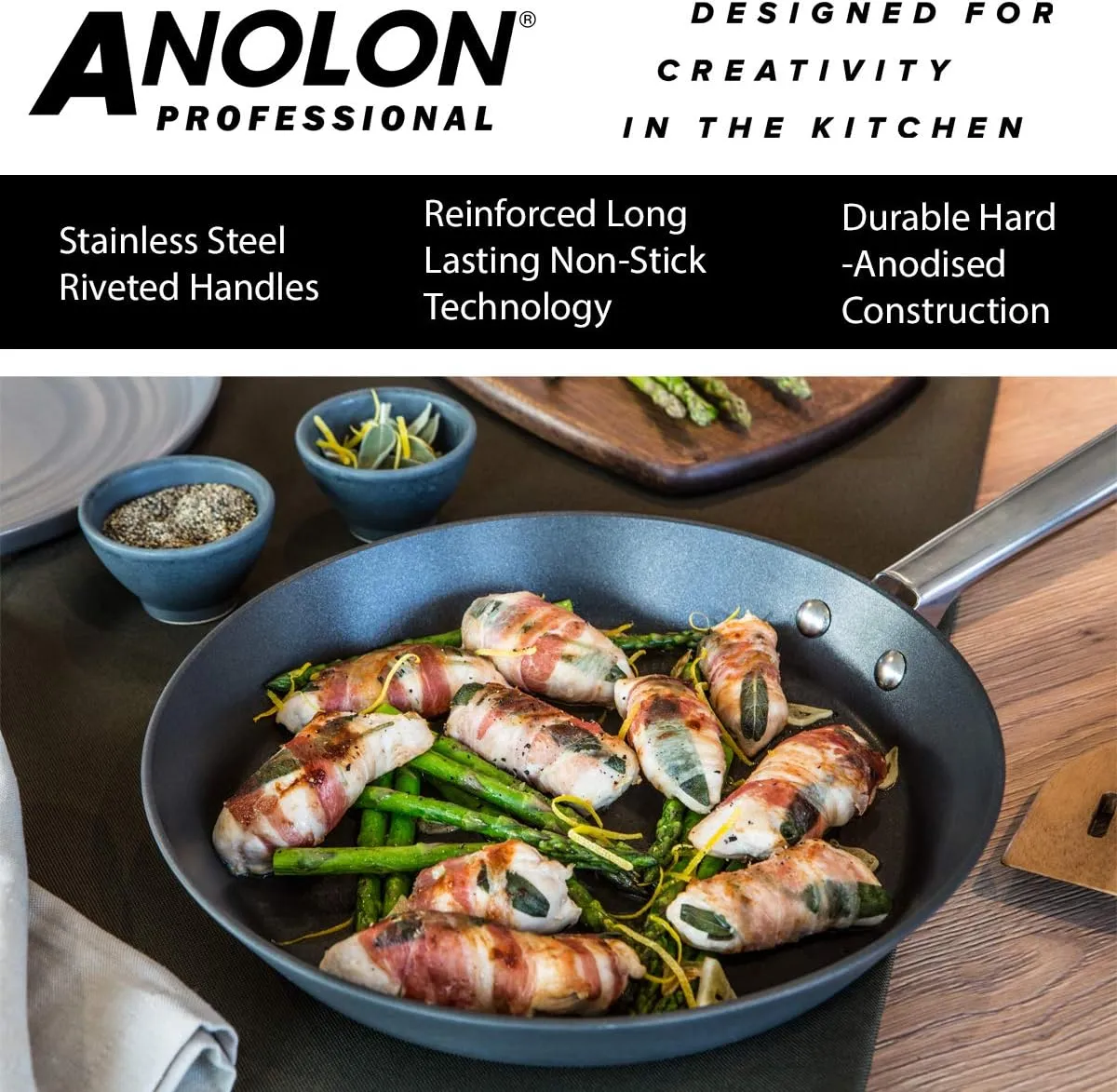 Anolon Professional Hard Anodised Saucepans and Fry Pans, Black, Set of 5, Anodized Aluminum