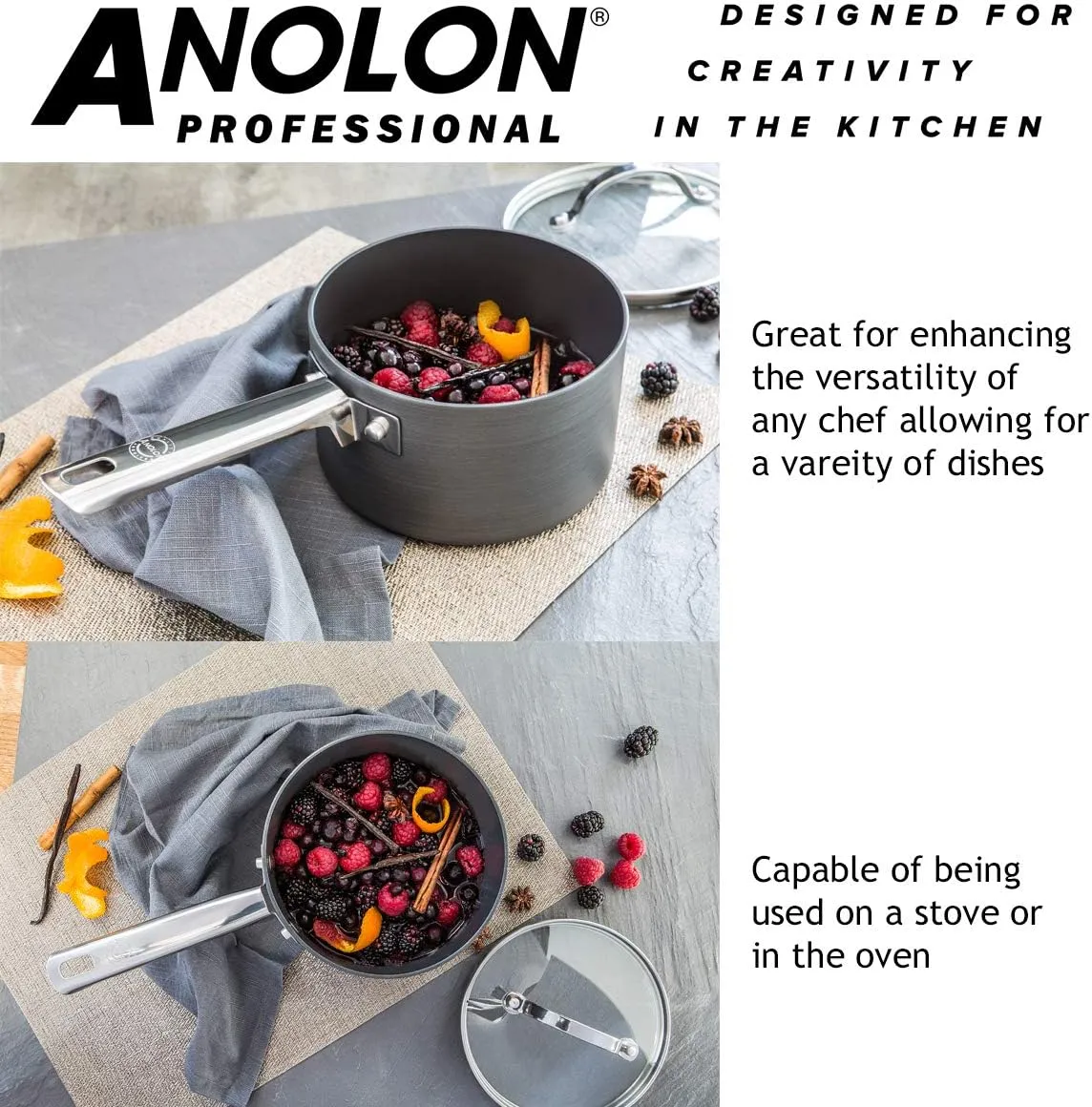 Anolon Professional Hard Anodised Saucepans and Fry Pans, Black, Set of 5, Anodized Aluminum