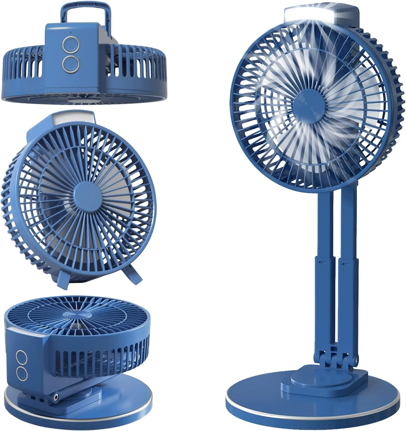 Ansee 3IN1 Portable Fan for Camping, 7inch Rechargeable Table Fan with Light Hanging Hook for Tents Travel, Adjustable Height and Removable Head USB Desk Fan Great for Office Home Outdoor (Blue)