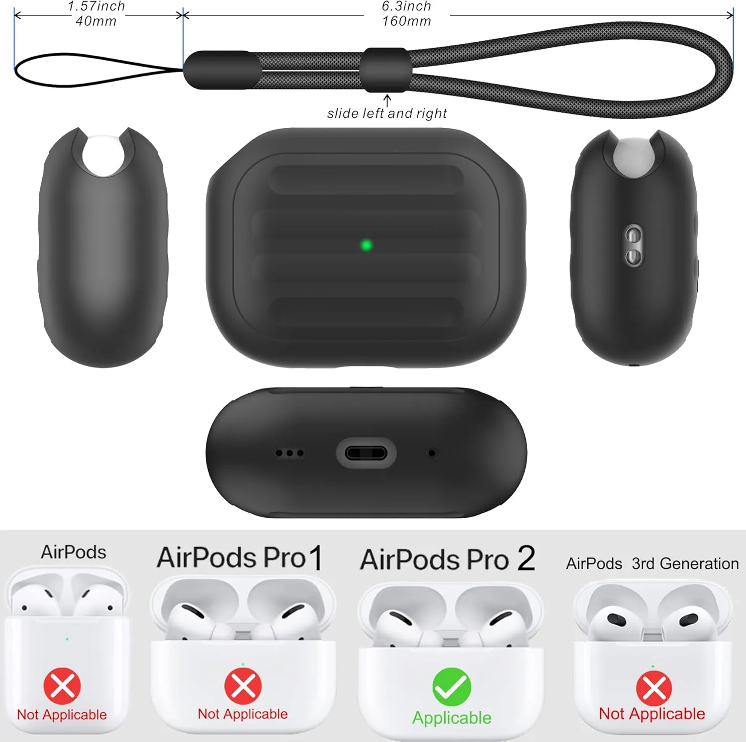 Anti-Lost Case for AirPods Pro (2nd Generation),one-Piece Design case,Wireless Charging, LED Visible,Lanyard Included. (Black)