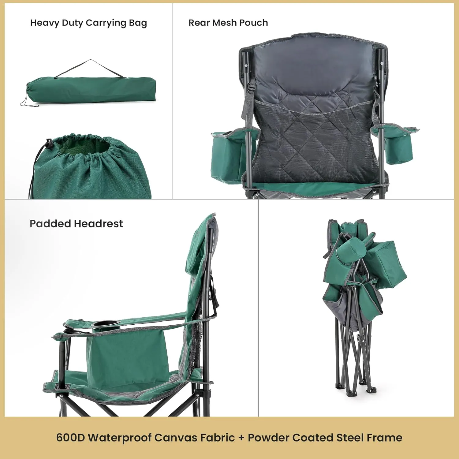 ARROWHEAD OUTDOOR 2-Pack Portable Folding Camping Quad Chair w/ 6-Can Cooler, Cup & Wine Glass Holders, Heavy-Duty Carrying Bag, Padded Armrests, Headrest & Seat, Supports up to 550lbs