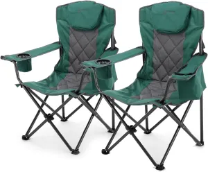 ARROWHEAD OUTDOOR 2-Pack Portable Folding Camping Quad Chair w/ 6-Can Cooler, Cup & Wine Glass Holders, Heavy-Duty Carrying Bag, Padded Armrests, Headrest & Seat, Supports up to 550lbs