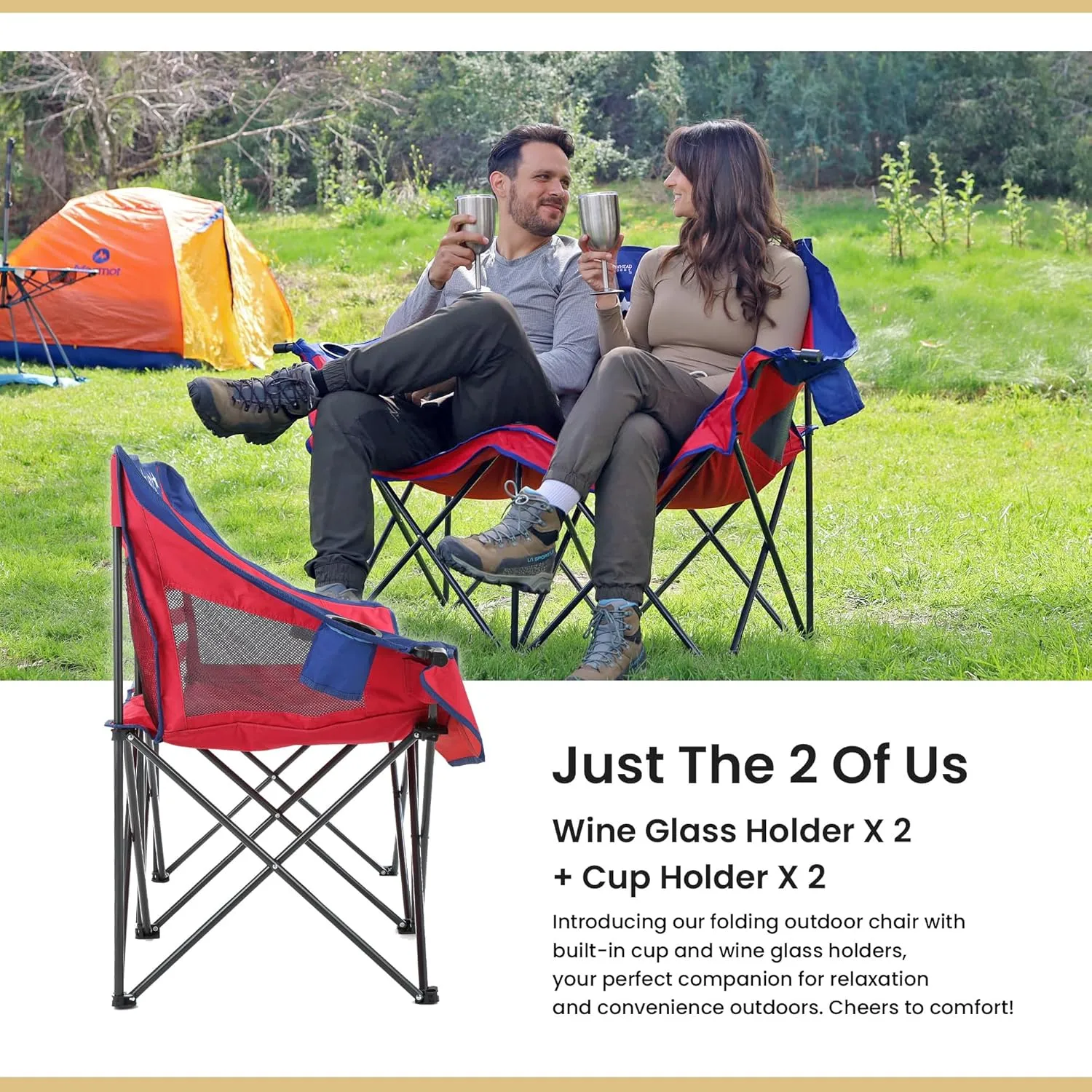 ARROWHEAD OUTDOOR Portable Folding Double Duo Camping Chair Loveseat w/ 2 Cup & Wine Glass Holder, Heavy-Duty Carrying Bag, Padded Seats & Armrests, Supports up to 500lbs, American Flag, USA-Support