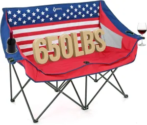 ARROWHEAD OUTDOOR Portable Folding Double Duo Camping Chair Loveseat w/ 2 Cup & Wine Glass Holder, Heavy-Duty Carrying Bag, Padded Seats & Armrests, Supports up to 500lbs, American Flag, USA-Support