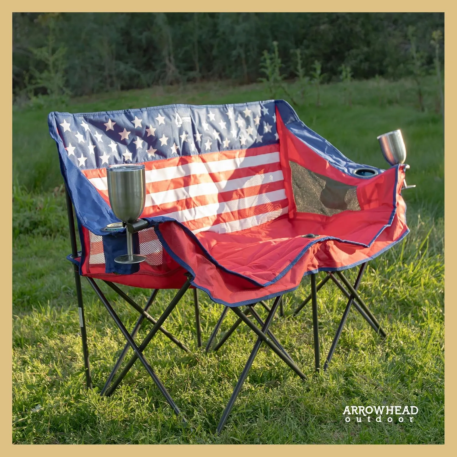 ARROWHEAD OUTDOOR Portable Folding Double Duo Camping Chair Loveseat w/ 2 Cup & Wine Glass Holder, Heavy-Duty Carrying Bag, Padded Seats & Armrests, Supports up to 500lbs, American Flag, USA-Support