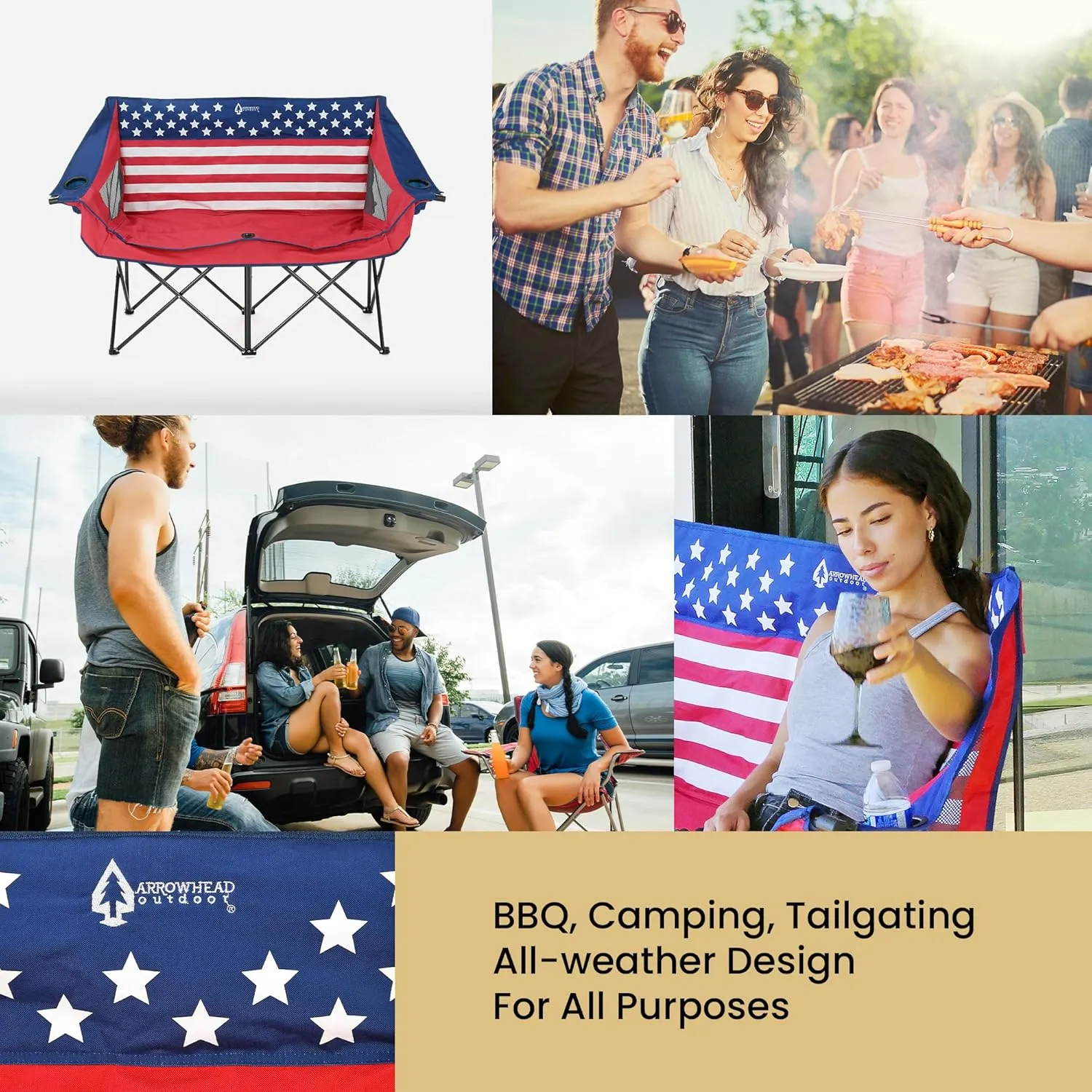 ARROWHEAD OUTDOOR Portable Folding Double Duo Camping Chair Loveseat w/ 2 Cup & Wine Glass Holder, Heavy-Duty Carrying Bag, Padded Seats & Armrests, Supports up to 500lbs, American Flag, USA-Support