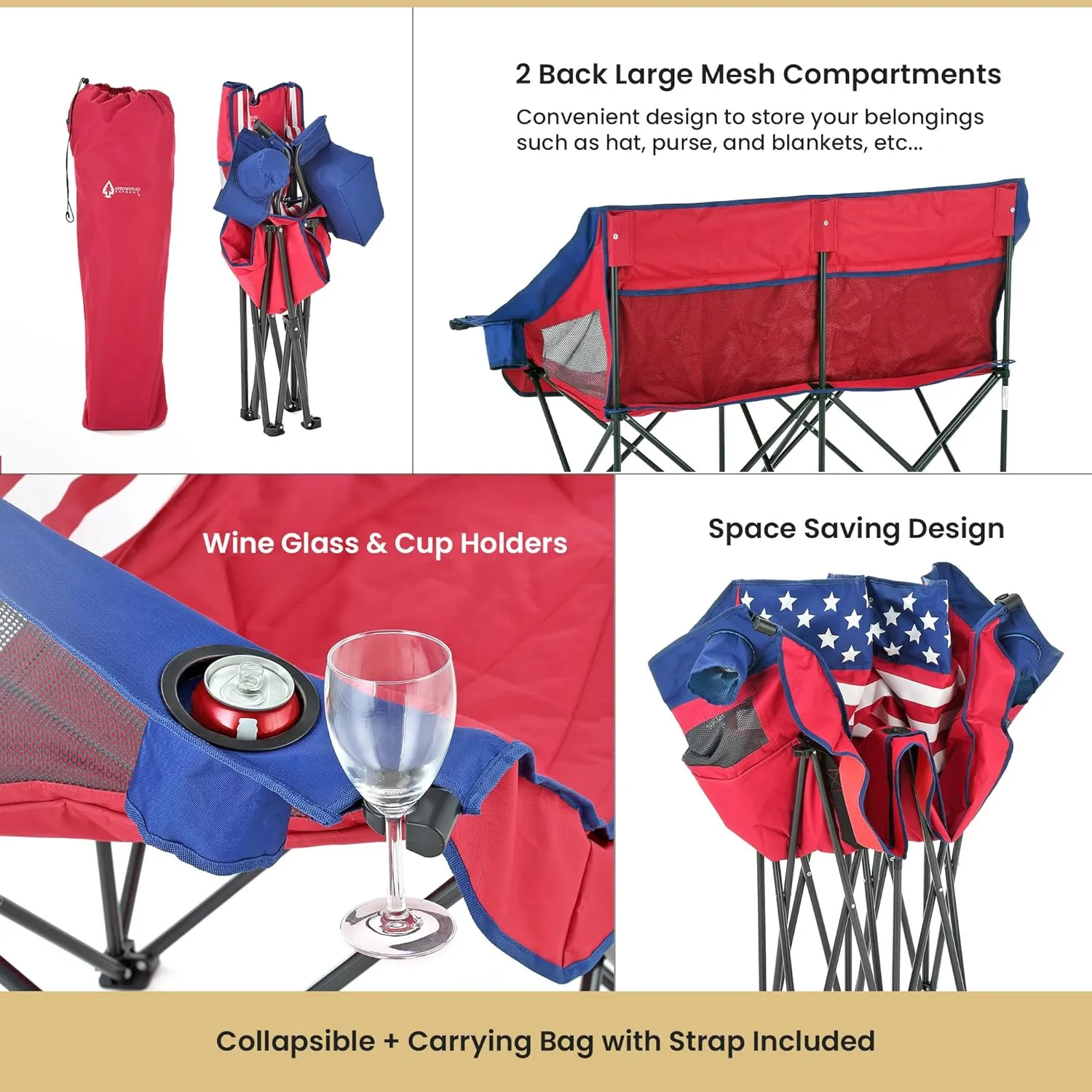 ARROWHEAD OUTDOOR Portable Folding Double Duo Camping Chair Loveseat w/ 2 Cup & Wine Glass Holder, Heavy-Duty Carrying Bag, Padded Seats & Armrests, Supports up to 500lbs, American Flag, USA-Support
