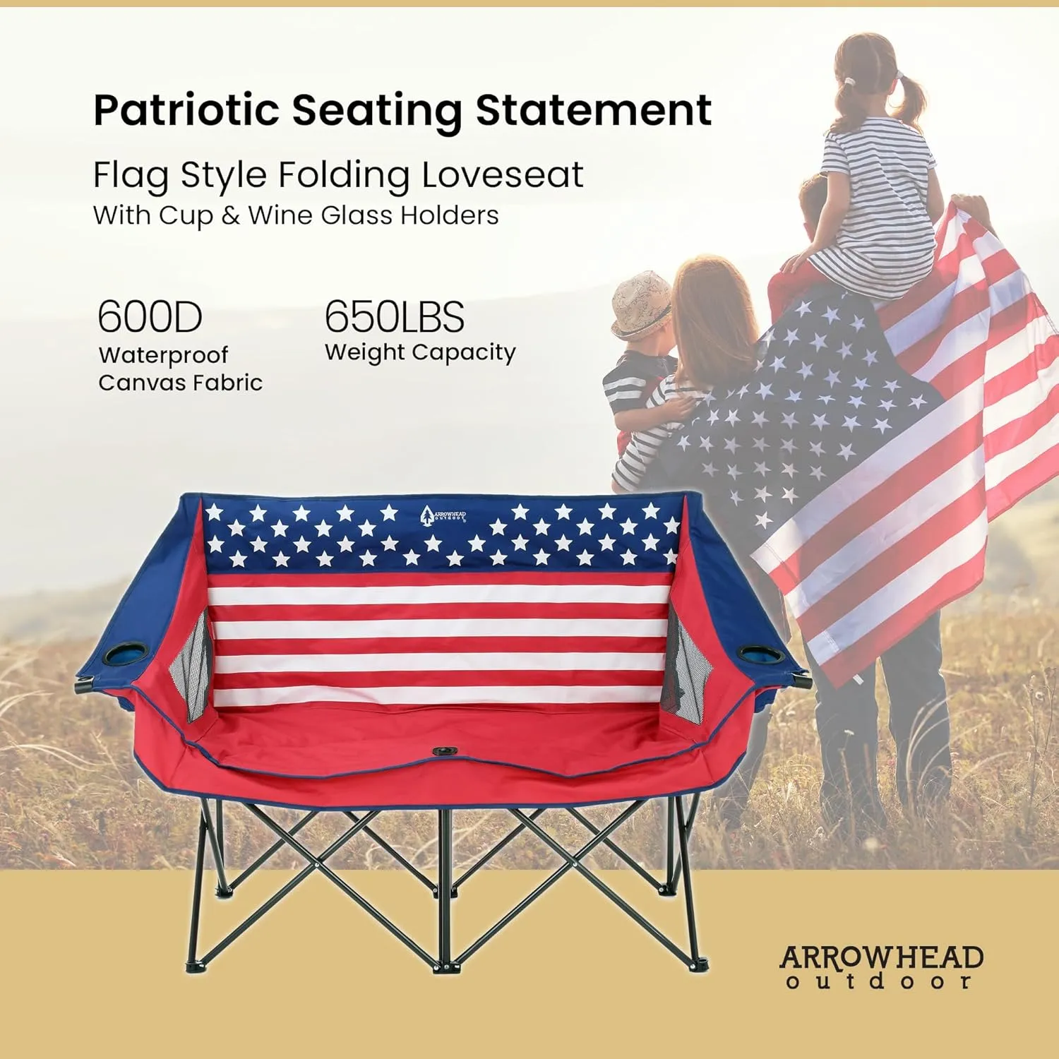 ARROWHEAD OUTDOOR Portable Folding Double Duo Camping Chair Loveseat w/ 2 Cup & Wine Glass Holder, Heavy-Duty Carrying Bag, Padded Seats & Armrests, Supports up to 500lbs, American Flag, USA-Support
