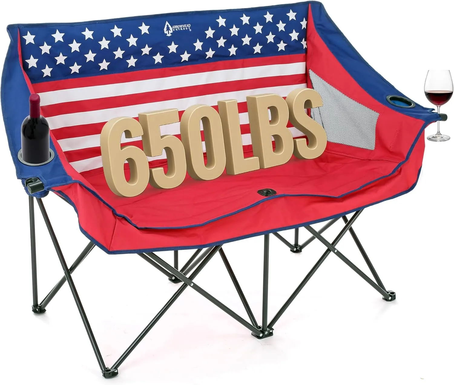 ARROWHEAD OUTDOOR Portable Folding Double Duo Camping Chair Loveseat w/ 2 Cup & Wine Glass Holder, Heavy-Duty Carrying Bag, Padded Seats & Armrests, Supports up to 500lbs, American Flag, USA-Support
