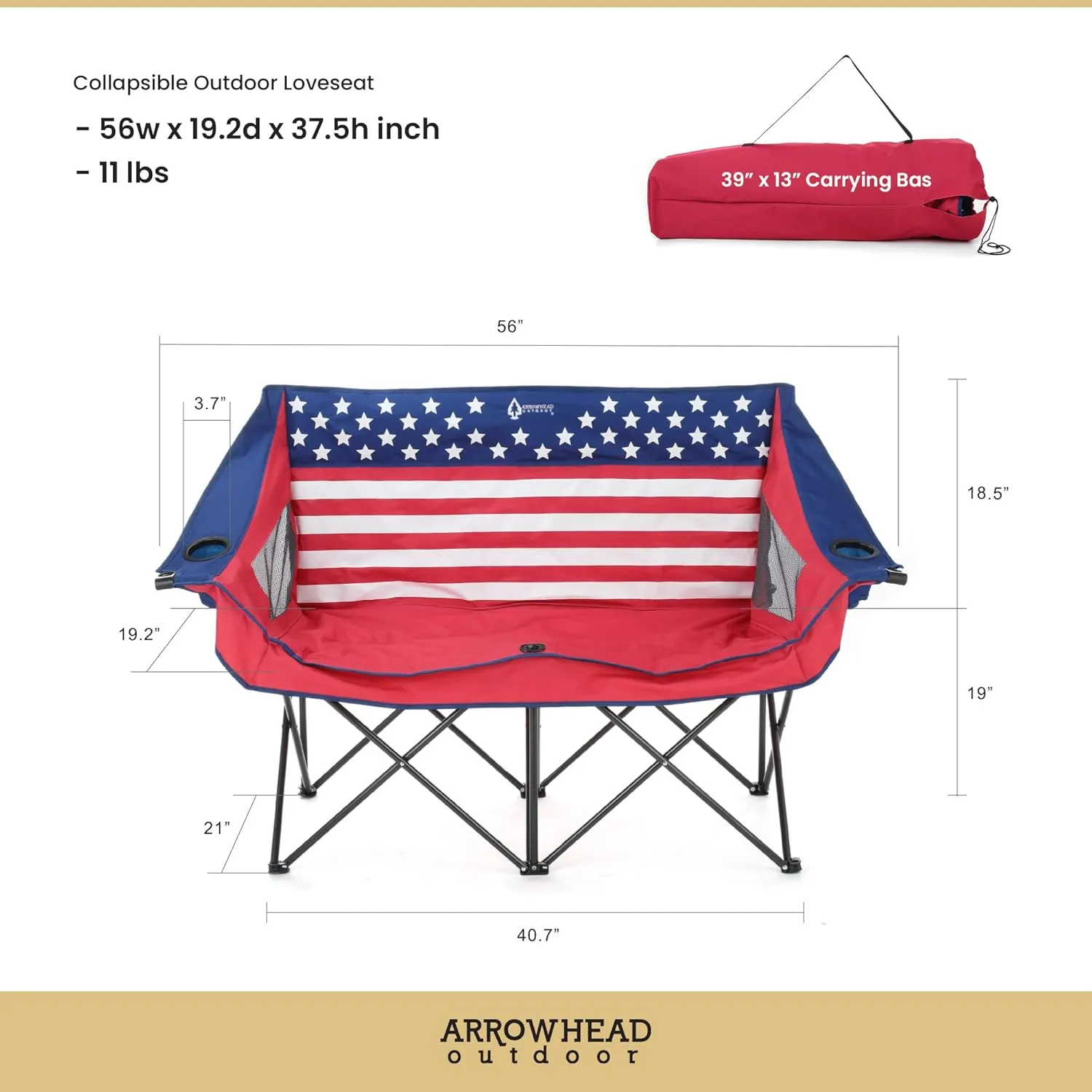 ARROWHEAD OUTDOOR Portable Folding Double Duo Camping Chair Loveseat w/ 2 Cup & Wine Glass Holder, Heavy-Duty Carrying Bag, Padded Seats & Armrests, Supports up to 500lbs, American Flag, USA-Support