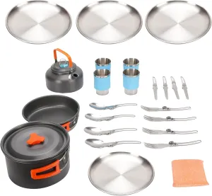 Asixxsix 4 Person Camping Cookware Set, 33 Piece Portable Camping Utensil Kit with Frying Pan, Kettle, 4 Dinner Plate, 4 Forks, 4 Spoons & Cooking Pot for Outdoor Backpacking Hiking