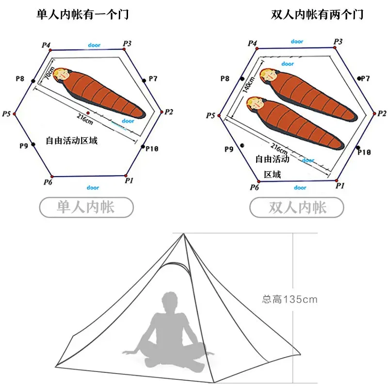 ASTA Gear Xinxue Pyramid Hexagon Camping Tent - Double Layer, Large-Space, Silicon Coating, Windproof, 1-2 Person Tent (No Poles)