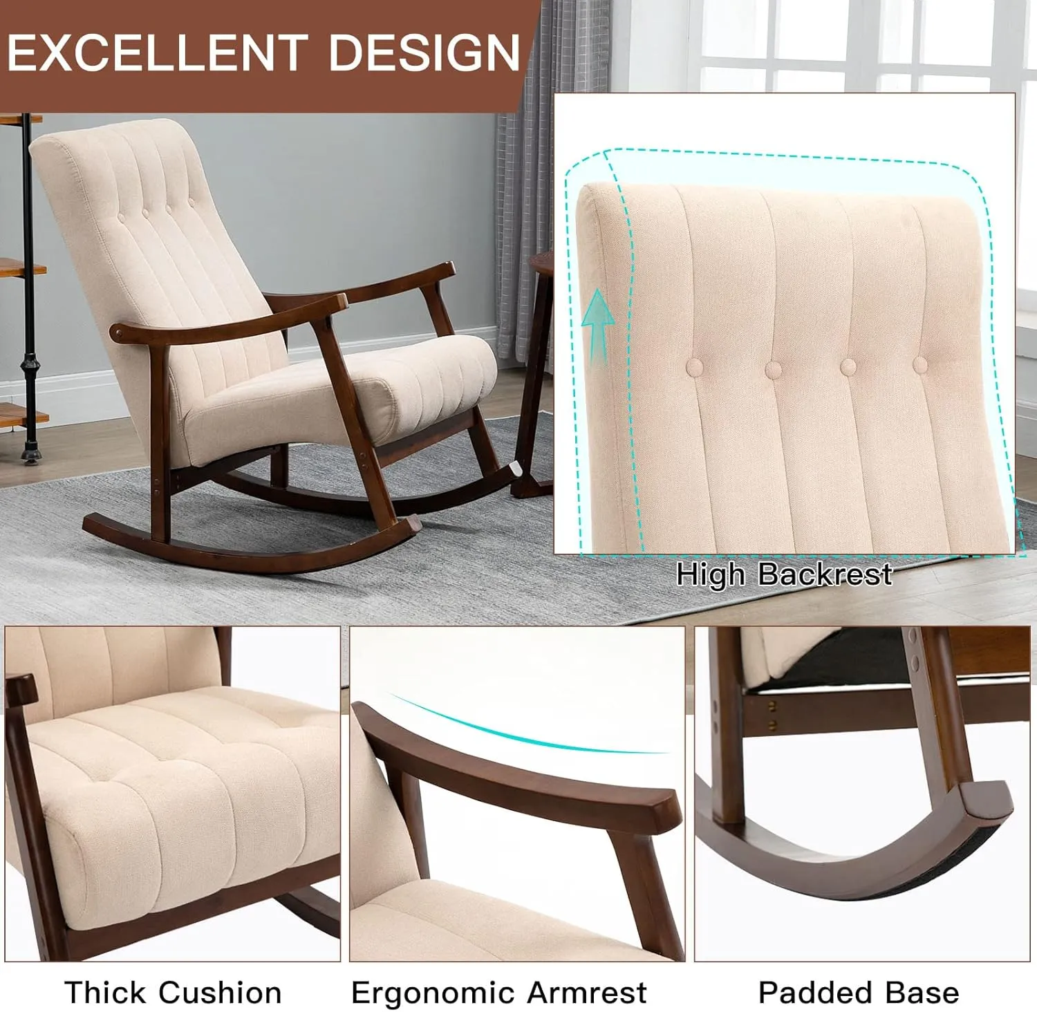 AVAWING 2PCS Upholstered Rocking Chair, Modern Glider Rocker with Fabric Padded Seat, Accent Rocking Chair for Living Room, Bedroom & Nursery, Wooden High Back Armchair, Beige