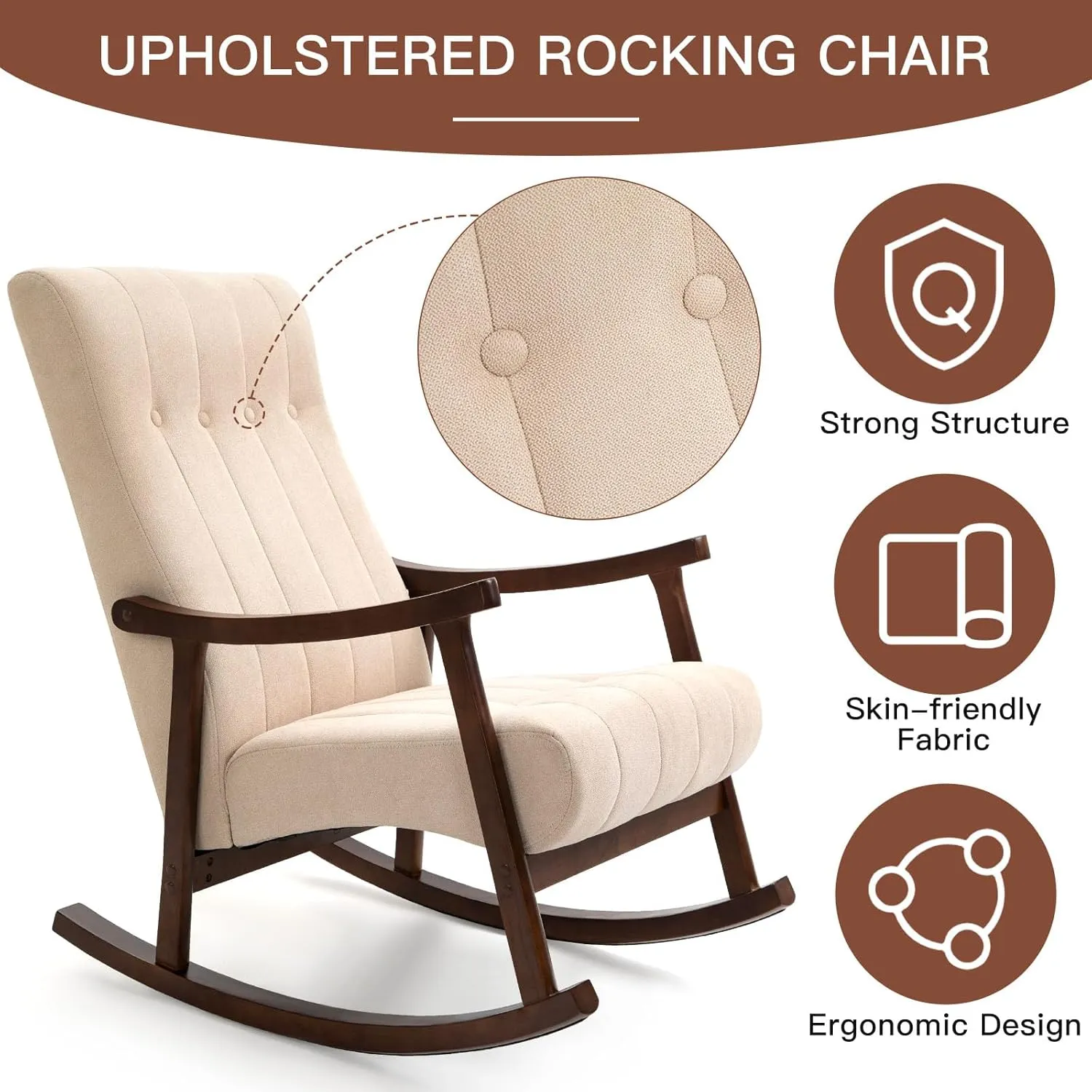 AVAWING 2PCS Upholstered Rocking Chair, Modern Glider Rocker with Fabric Padded Seat, Accent Rocking Chair for Living Room, Bedroom & Nursery, Wooden High Back Armchair, Beige