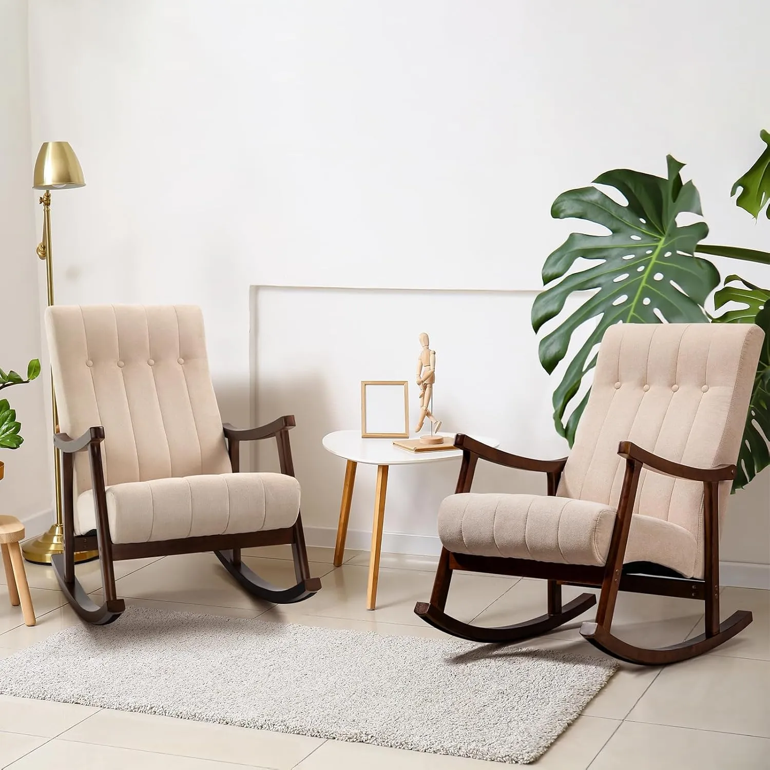 AVAWING 2PCS Upholstered Rocking Chair, Modern Glider Rocker with Fabric Padded Seat, Accent Rocking Chair for Living Room, Bedroom & Nursery, Wooden High Back Armchair, Beige