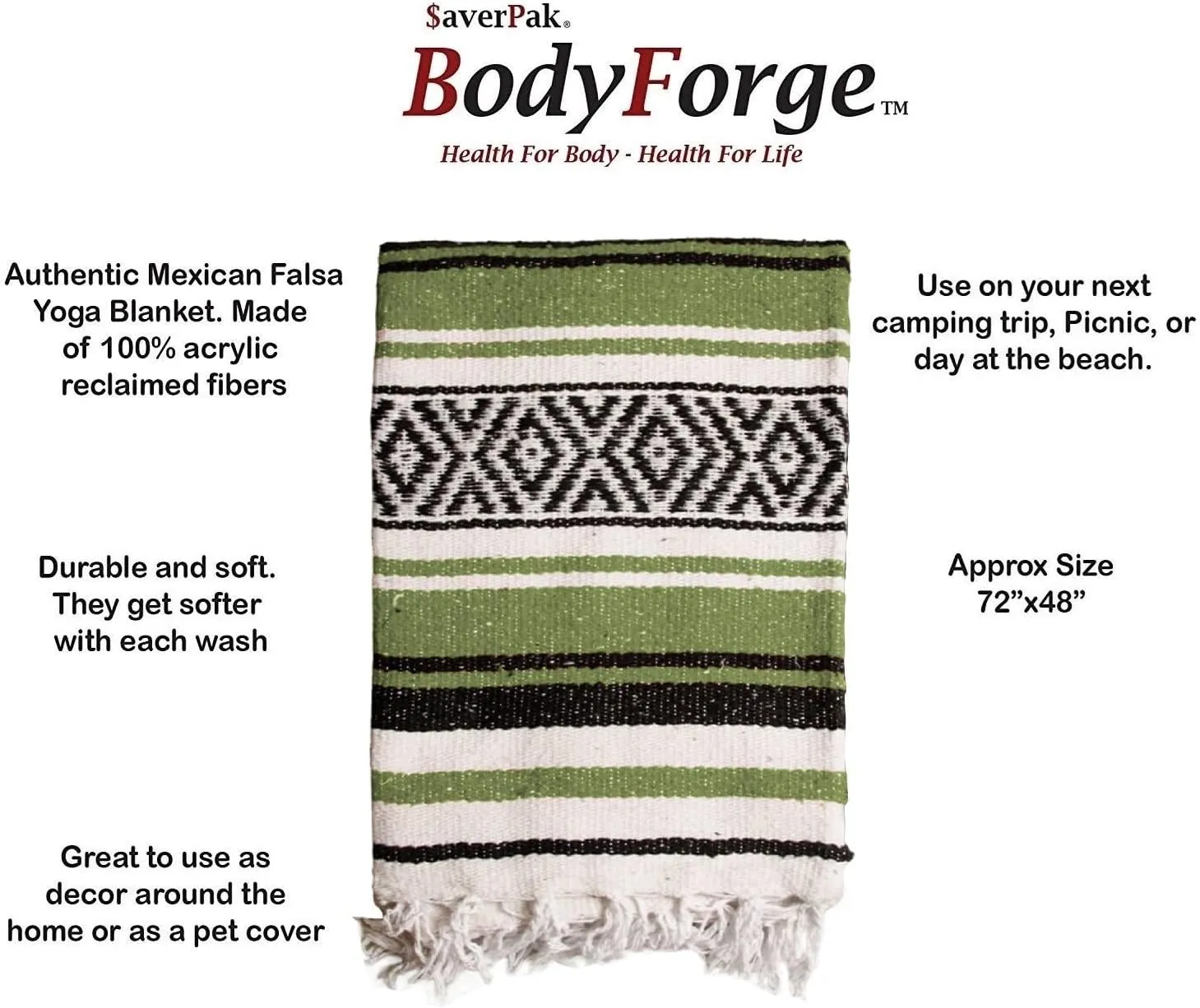 $averPak BodyForge Authentic Mexican Falsa Yoga Blanket (Green/Black/White)