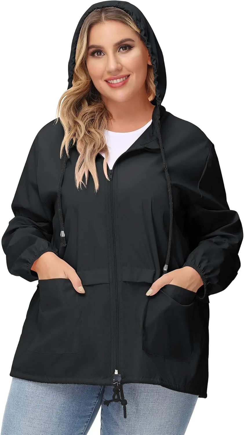 Avoogue Plus Size Raincoat Women Waterproof Rain Jacket Packable Outdoor Hooded Windbreaker
