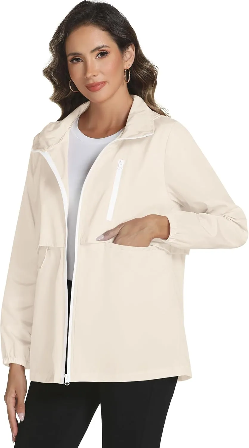 Avoogue Rain Jacket Women with Hooded Lightweight Waterproof Raincoats Packable Zipper Pockets Windbreakers
