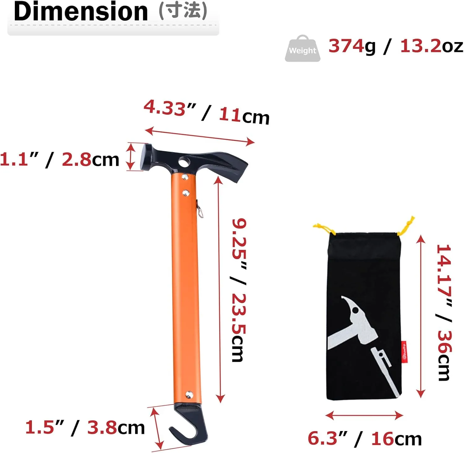 Azarxis Tent Stake Mallet Tark Peg Puller Hammer Nail Remover for Outdoor Camping Gardening Backpacking Hiking Lightweight Portable with Carry Bag (Orange - Carbon Steel Head   Aluminum Handle)