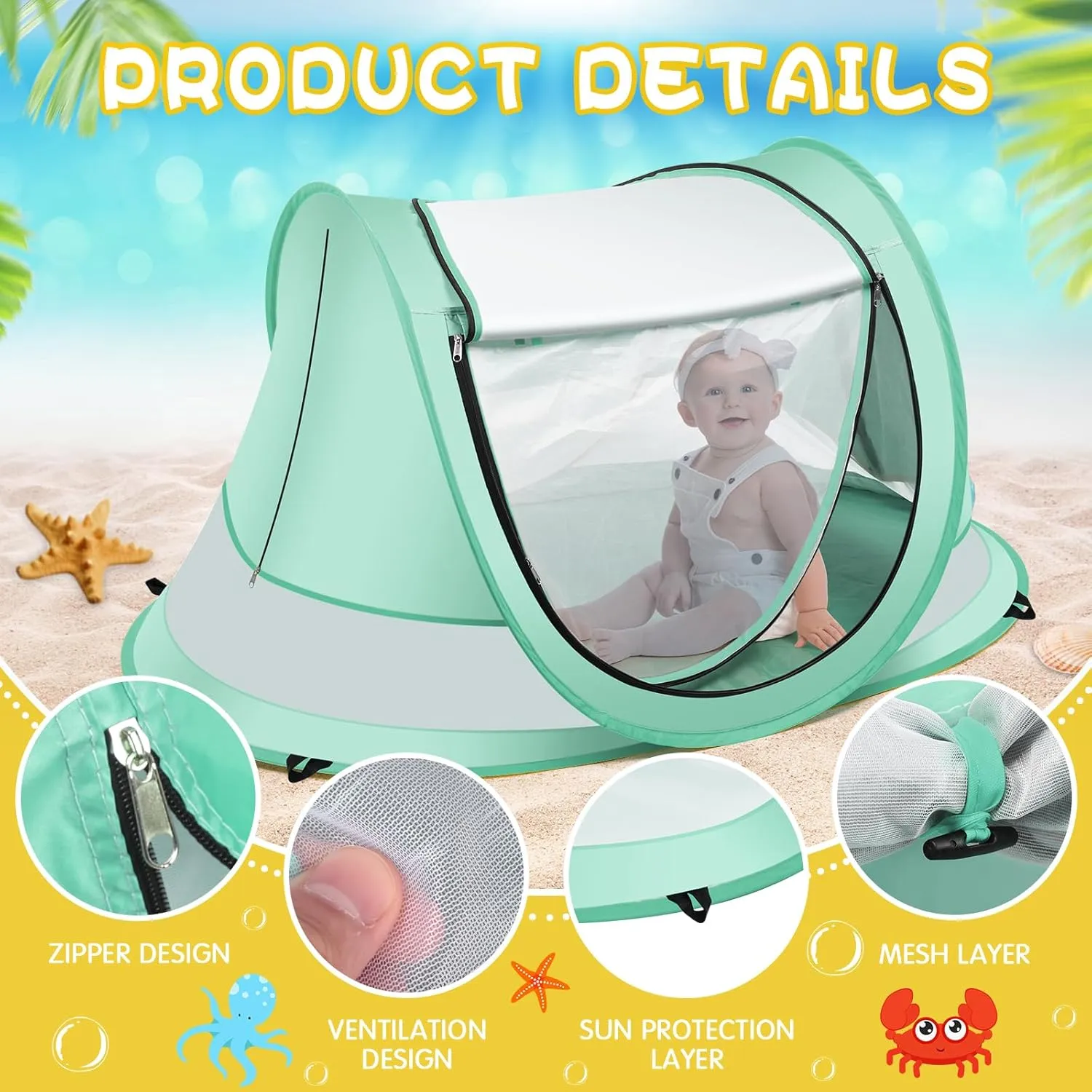 Baby Beach Tent,Large Pop Up Beach Tent Sun Shade for Beach,Portable Baby Travel Tent with Mosquito Net,Indoor Baby Play Tent,UPF 50  UV Protection Sun Shelters for Infants