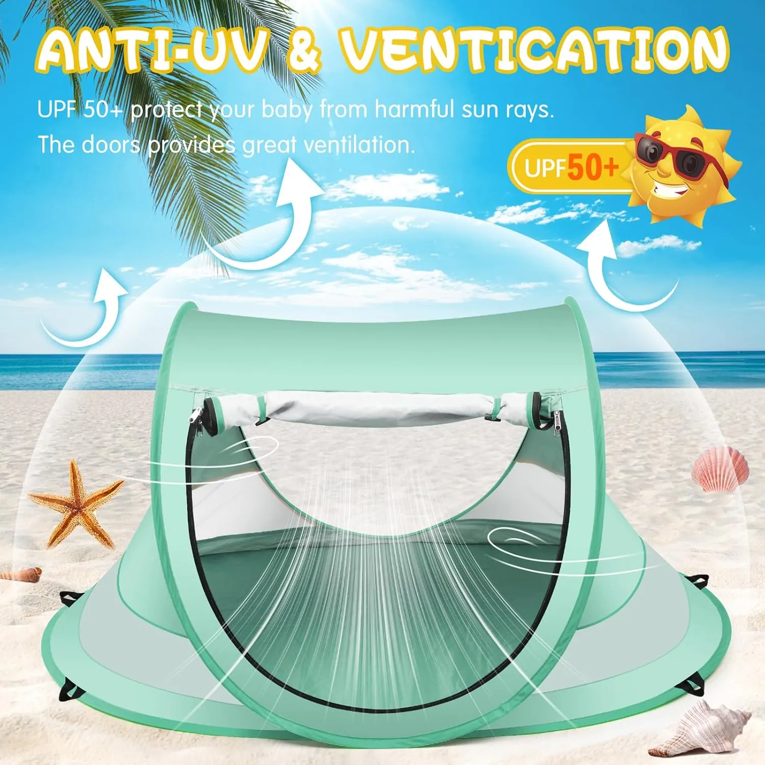 Baby Beach Tent,Large Pop Up Beach Tent Sun Shade for Beach,Portable Baby Travel Tent with Mosquito Net,Indoor Baby Play Tent,UPF 50  UV Protection Sun Shelters for Infants