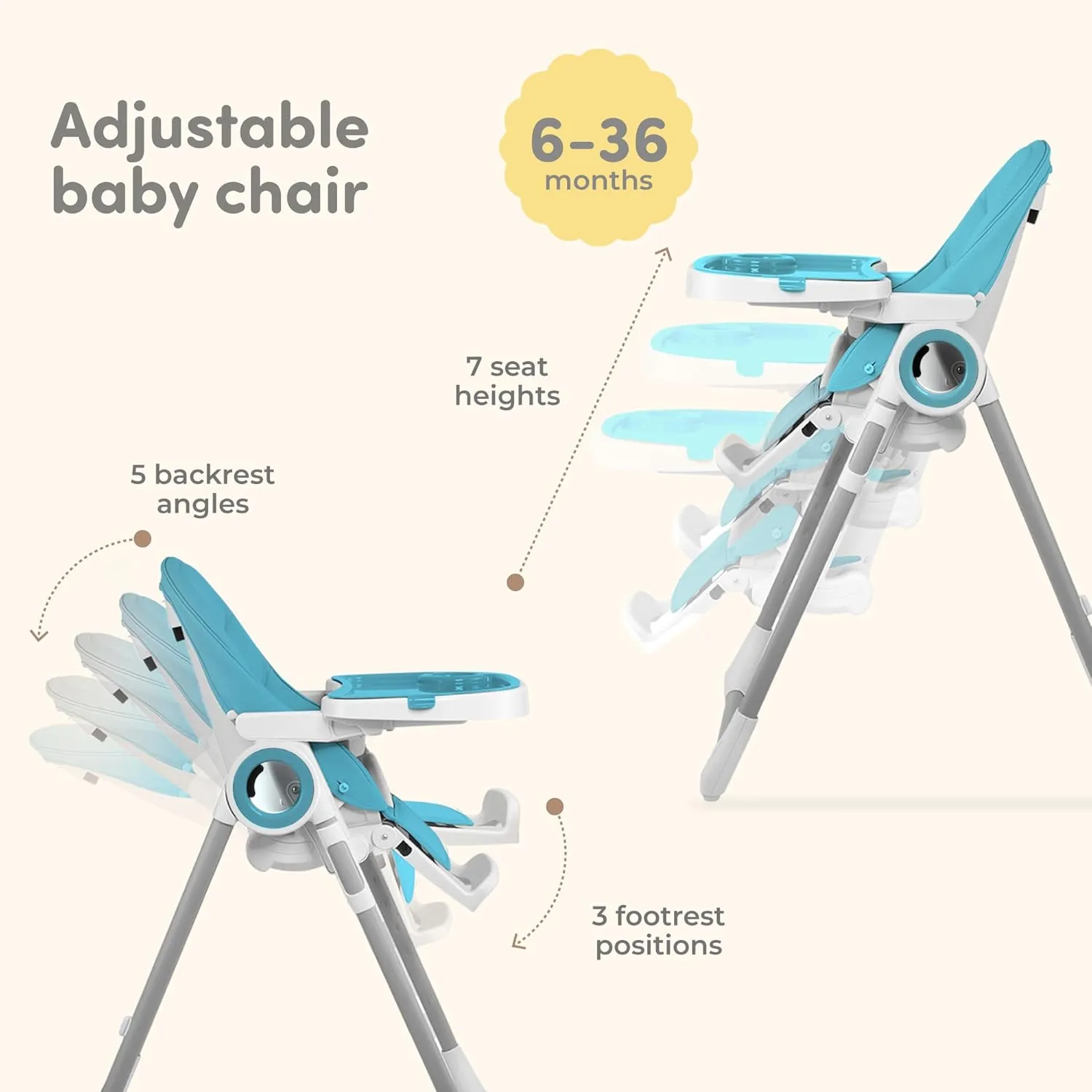 Baby High Chair Adjustable to 7 Different Heights - Foldable High Chairs for Babies and Toddlers - Silla para Comer de Bebe - Blue