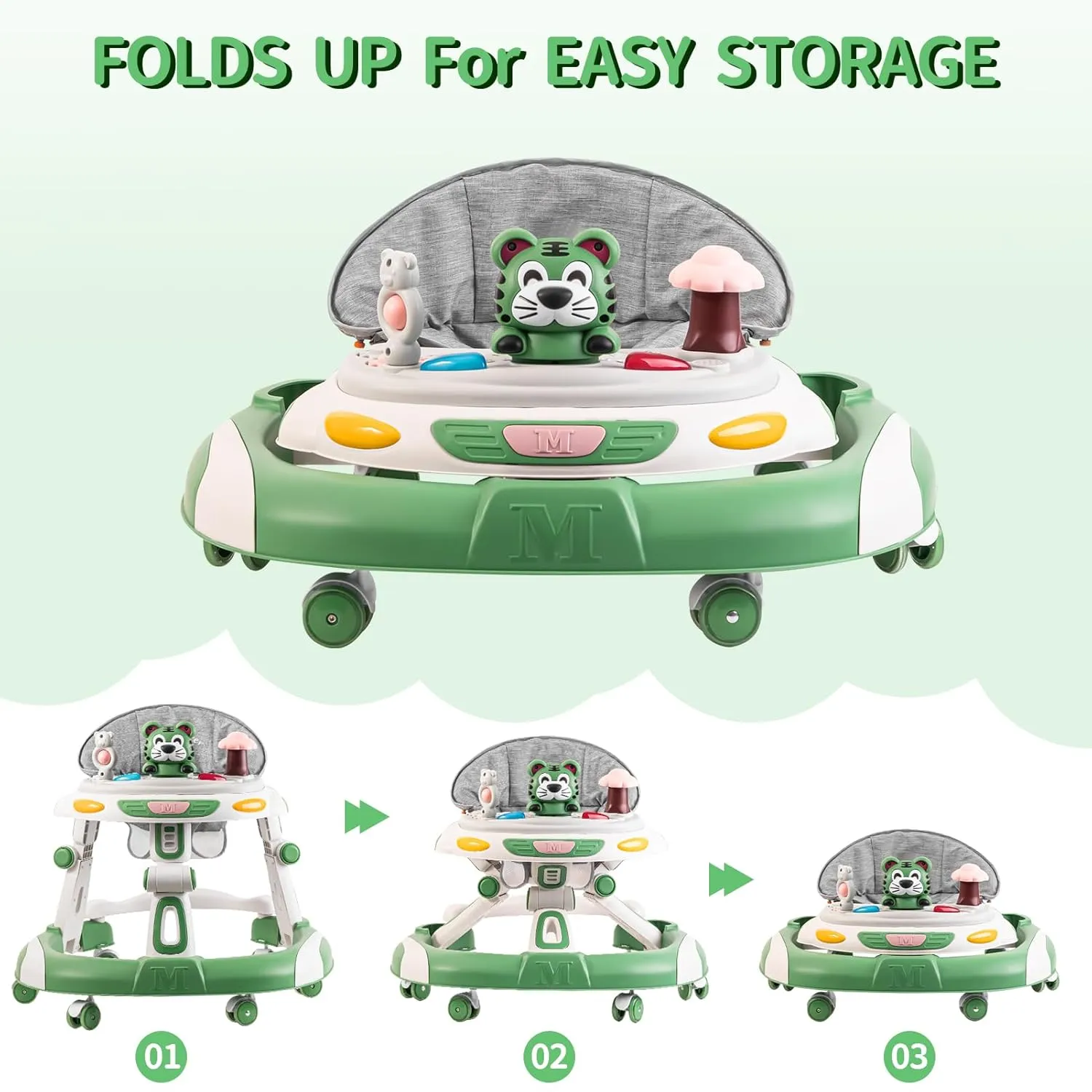 Baby Walker, 4-in-1 Foldable Baby Walkers and Baby Activity Center with Toys Tray,3-Gear Height Adjustable Infant Toddler Baby Walker with Wheels for Baby Boys and Girls 6-24 Months(Green)