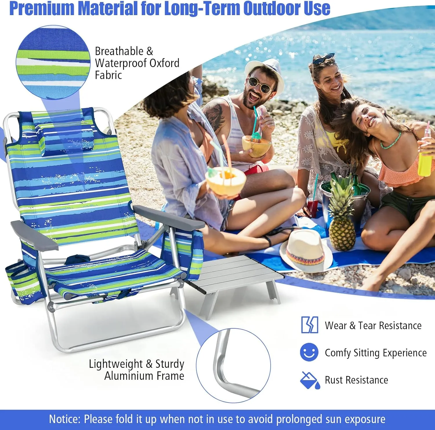 Backpack Beach Chair, 5 Position Adjustable Camping Chairs with Aluminum Table, Head Pillow, Cooler Bag, Cup Holders, Folding Beach Chairs for Adults (with Table, Blue & Green Stripes)