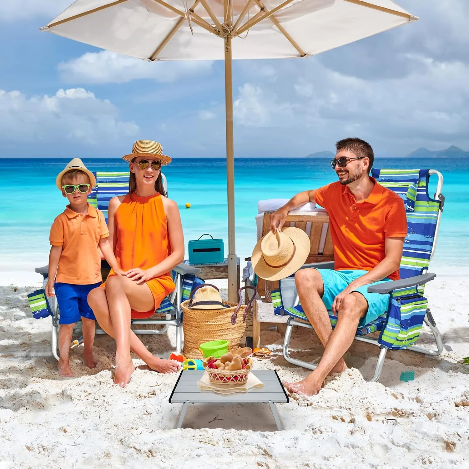 Backpack Beach Chair, 5 Position Adjustable Camping Chairs with Aluminum Table, Head Pillow, Cooler Bag, Cup Holders, Folding Beach Chairs for Adults (with Table, Blue & Green Stripes)