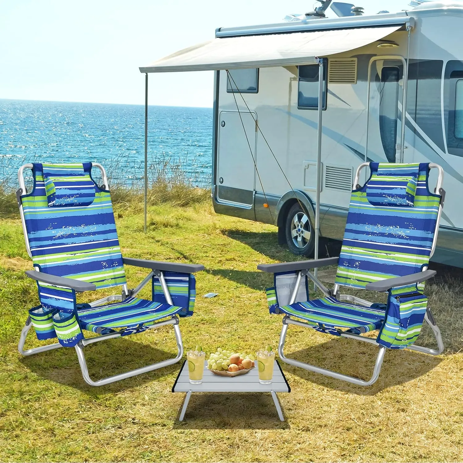 Backpack Beach Chair, 5 Position Adjustable Camping Chairs with Aluminum Table, Head Pillow, Cooler Bag, Cup Holders, Folding Beach Chairs for Adults (with Table, Blue & Green Stripes)