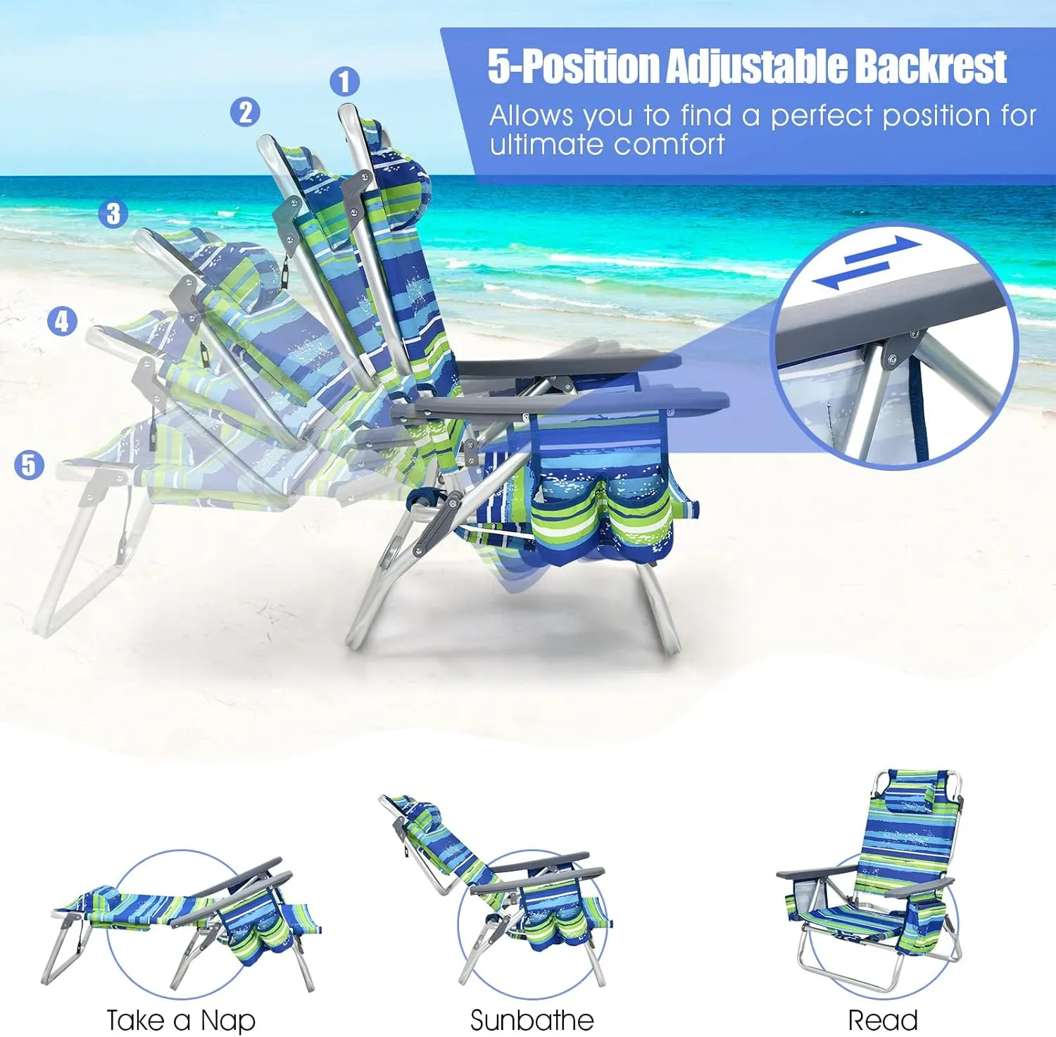 Backpack Beach Chair, 5 Position Adjustable Camping Chairs with Aluminum Table, Head Pillow, Cooler Bag, Cup Holders, Folding Beach Chairs for Adults (with Table, Blue & Green Stripes)