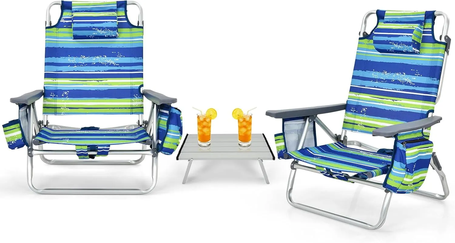 Backpack Beach Chair, 5 Position Adjustable Camping Chairs with Aluminum Table, Head Pillow, Cooler Bag, Cup Holders, Folding Beach Chairs for Adults (with Table, Blue & Green Stripes)