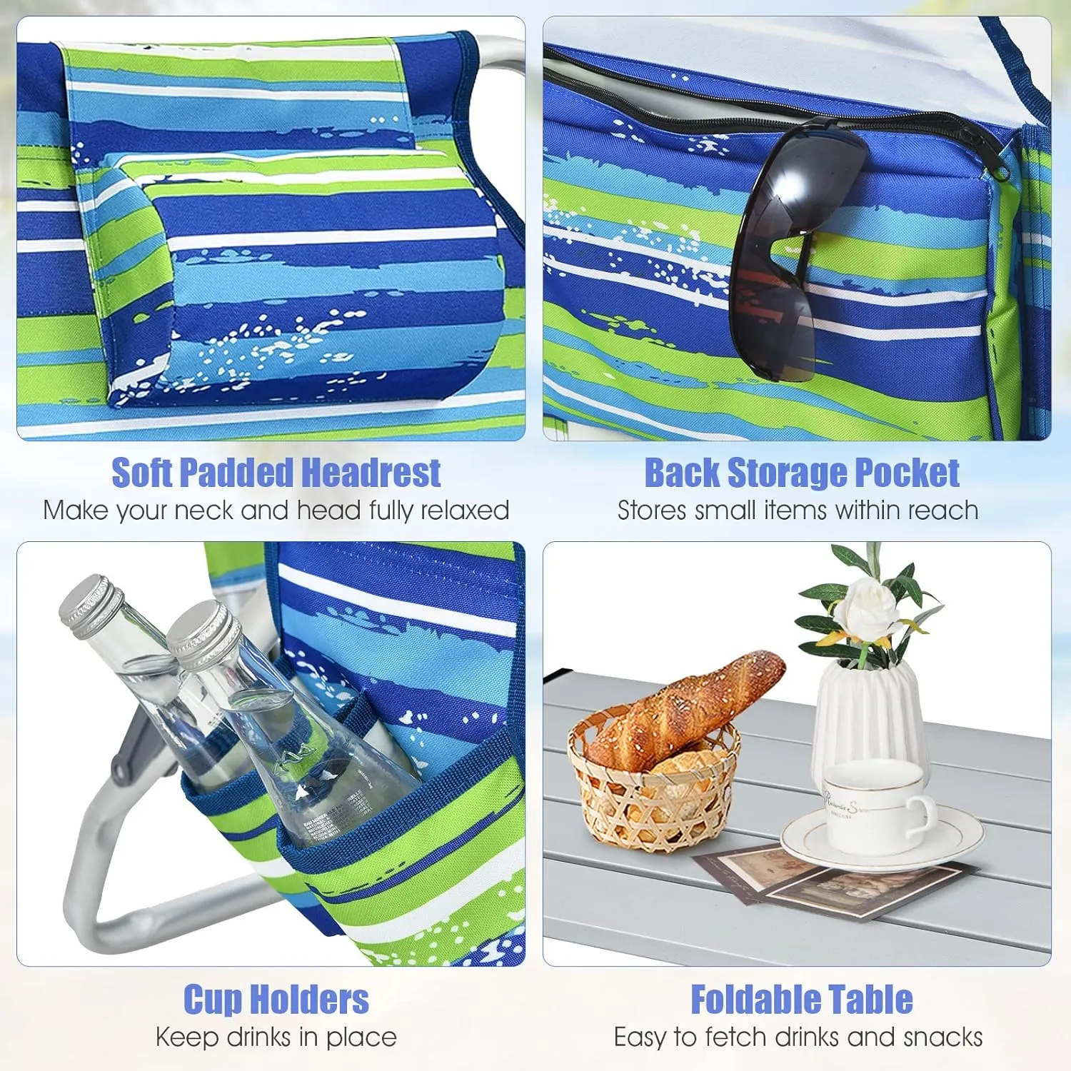 Backpack Beach Chair, 5 Position Adjustable Camping Chairs with Aluminum Table, Head Pillow, Cooler Bag, Cup Holders, Folding Beach Chairs for Adults (with Table, Blue & Green Stripes)