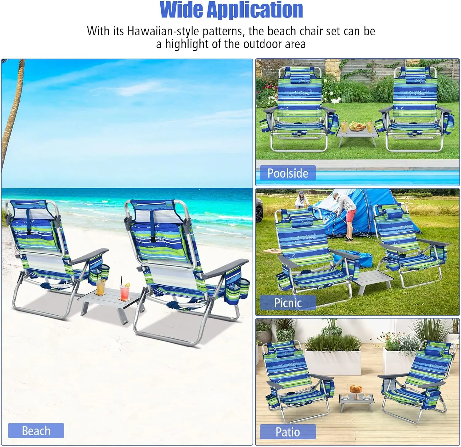 Backpack Beach Chair, 5 Position Adjustable Camping Chairs with Aluminum Table, Head Pillow, Cooler Bag, Cup Holders, Folding Beach Chairs for Adults (with Table, Blue & Green Stripes)