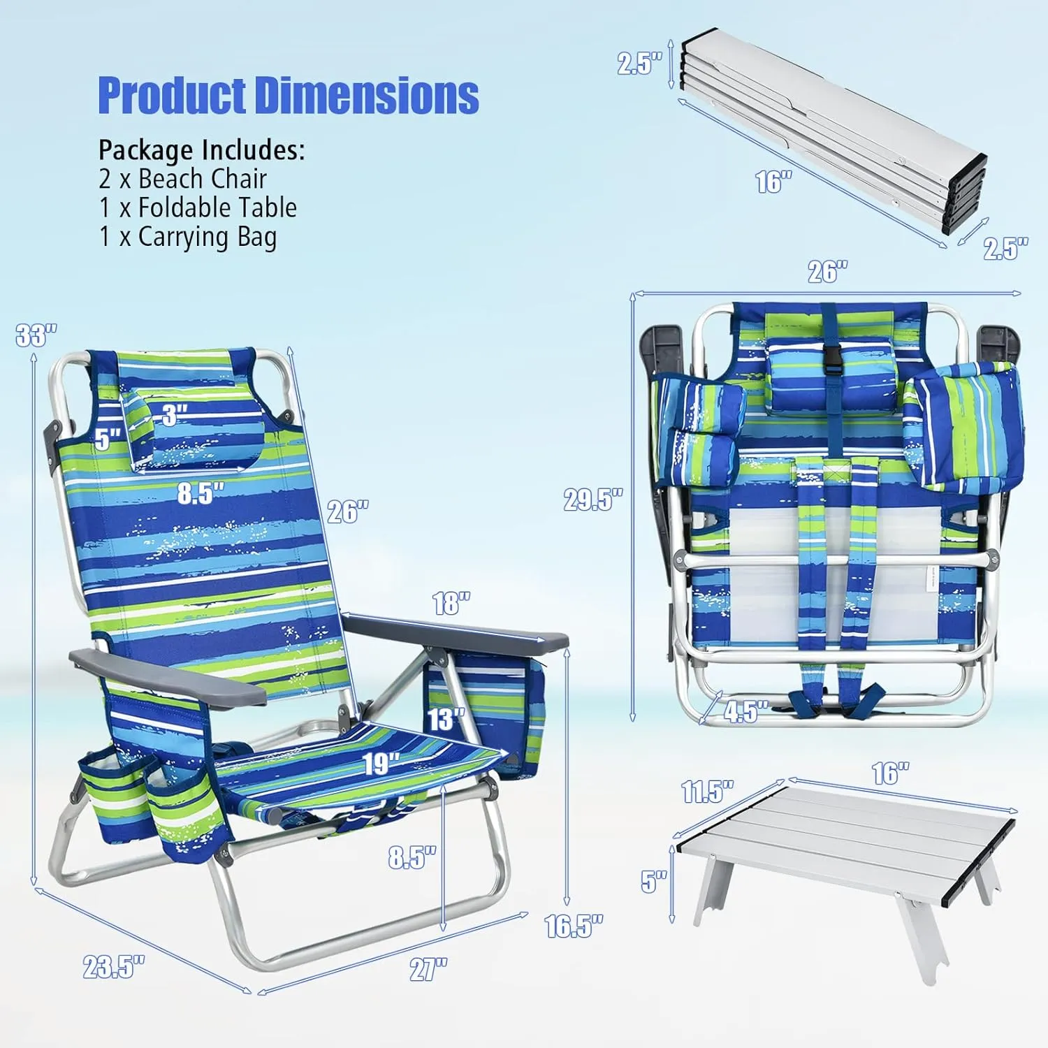 Backpack Beach Chair, 5 Position Adjustable Camping Chairs with Aluminum Table, Head Pillow, Cooler Bag, Cup Holders, Folding Beach Chairs for Adults (with Table, Blue & Green Stripes)