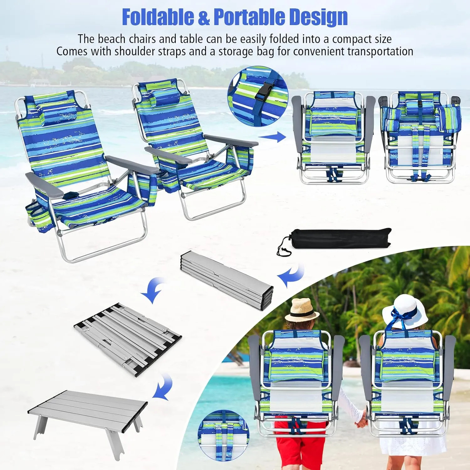Backpack Beach Chair, 5 Position Adjustable Camping Chairs with Aluminum Table, Head Pillow, Cooler Bag, Cup Holders, Folding Beach Chairs for Adults (with Table, Blue & Green Stripes)