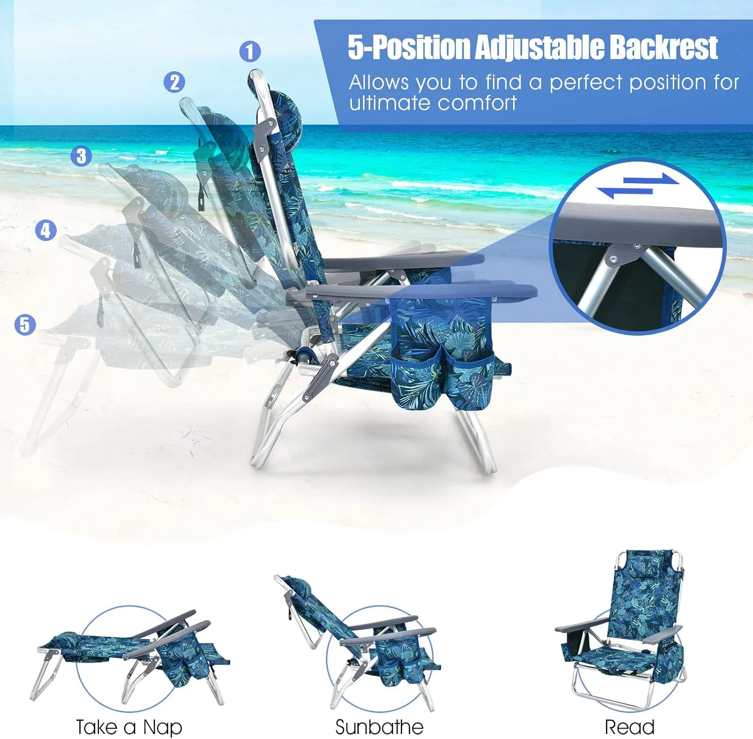 Backpack Beach Chair, 5 Position Adjustable Camping Chairs with Aluminum Table, Head Pillow, Cooler Bag, Cup Holders, Folding Beach Chairs for Adults (with Table, Blue Leaves)