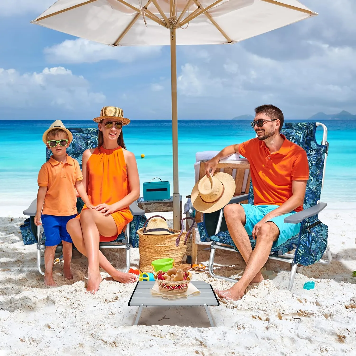 Backpack Beach Chair, 5 Position Adjustable Camping Chairs with Aluminum Table, Head Pillow, Cooler Bag, Cup Holders, Folding Beach Chairs for Adults (with Table, Blue Leaves)