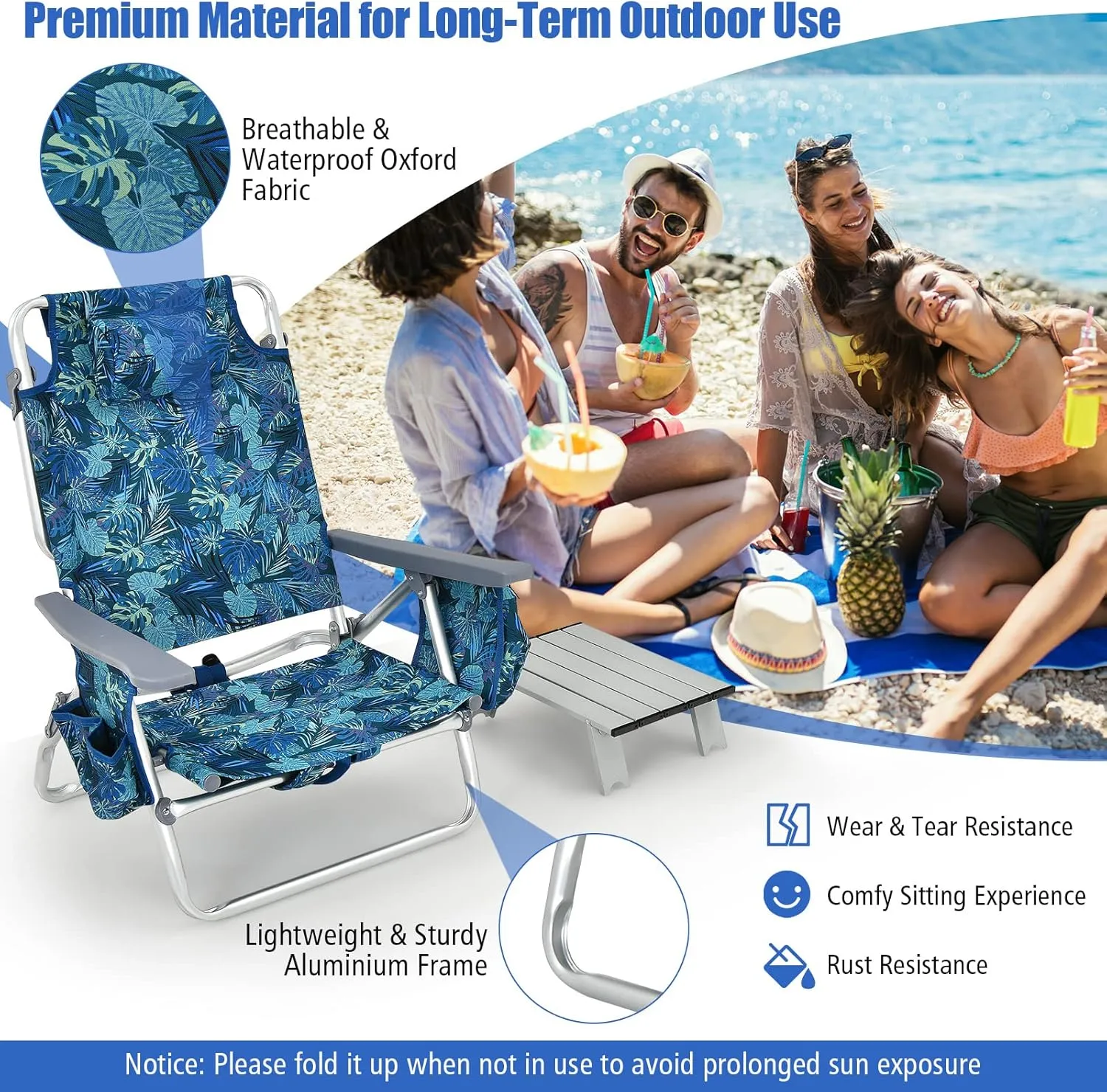 Backpack Beach Chair, 5 Position Adjustable Camping Chairs with Aluminum Table, Head Pillow, Cooler Bag, Cup Holders, Folding Beach Chairs for Adults (with Table, Blue Leaves)