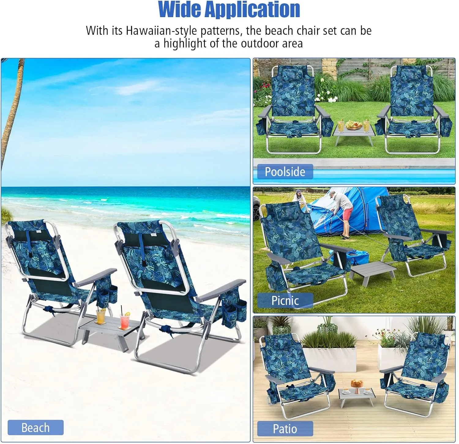 Backpack Beach Chair, 5 Position Adjustable Camping Chairs with Aluminum Table, Head Pillow, Cooler Bag, Cup Holders, Folding Beach Chairs for Adults (with Table, Blue Leaves)