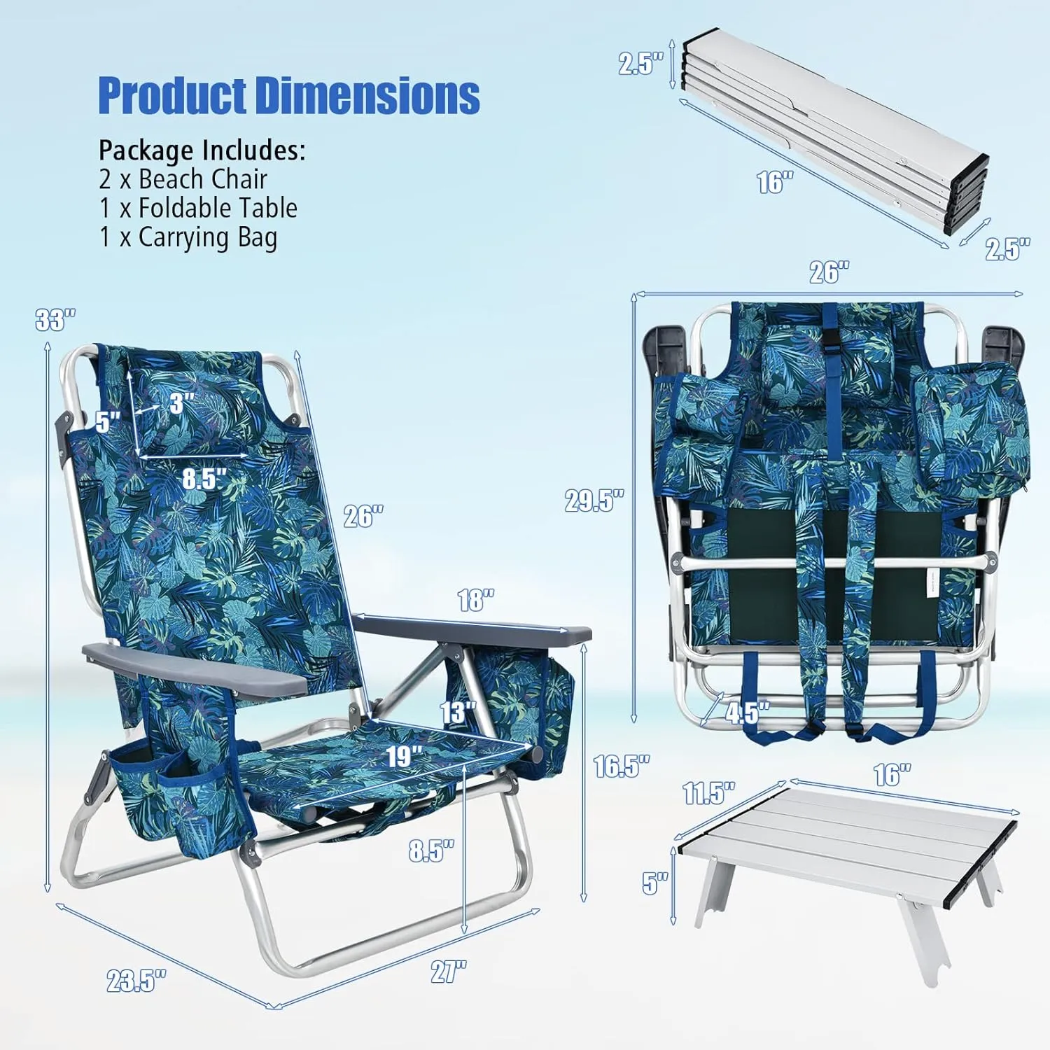Backpack Beach Chair, 5 Position Adjustable Camping Chairs with Aluminum Table, Head Pillow, Cooler Bag, Cup Holders, Folding Beach Chairs for Adults (with Table, Blue Leaves)