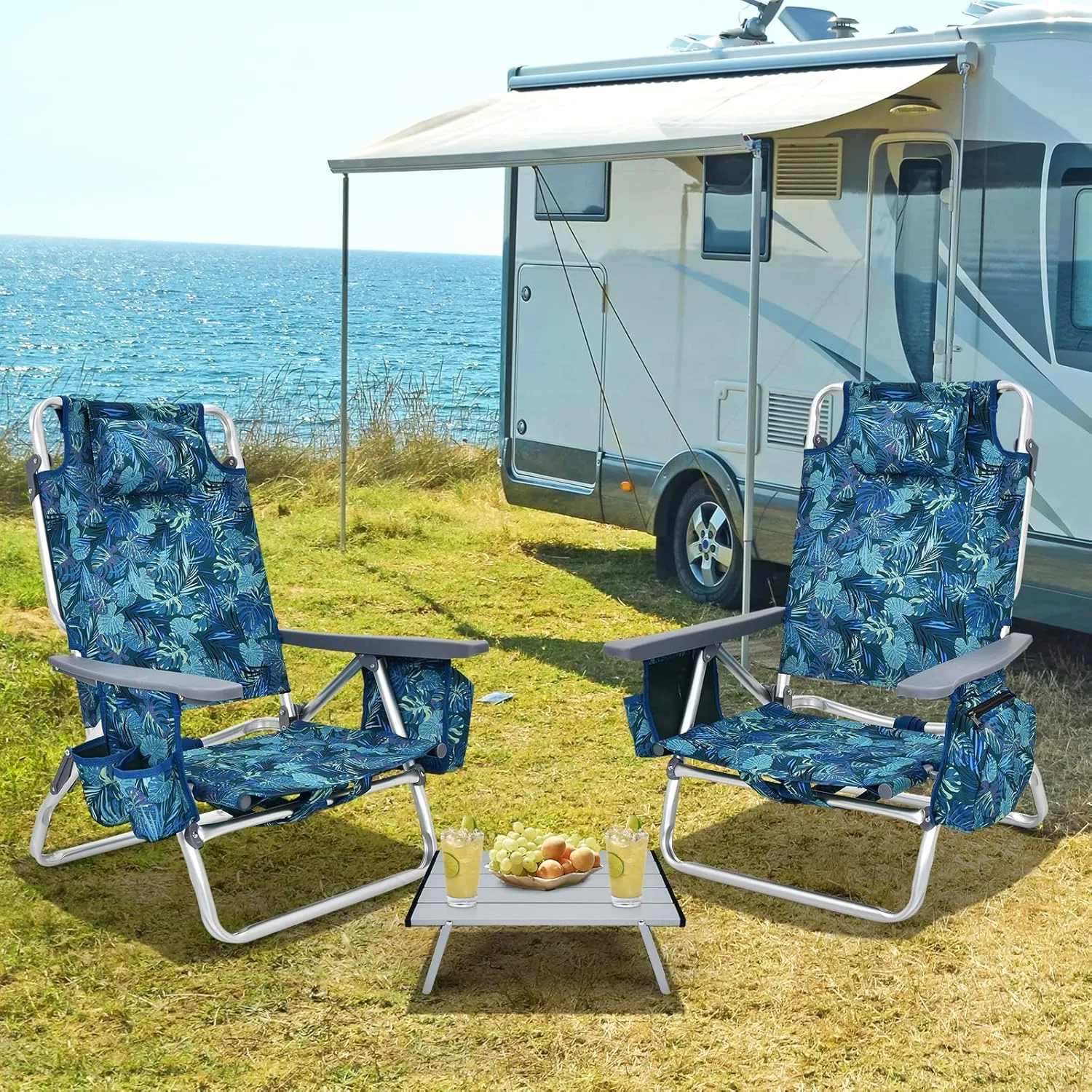 Backpack Beach Chair, 5 Position Adjustable Camping Chairs with Aluminum Table, Head Pillow, Cooler Bag, Cup Holders, Folding Beach Chairs for Adults (with Table, Blue Leaves)