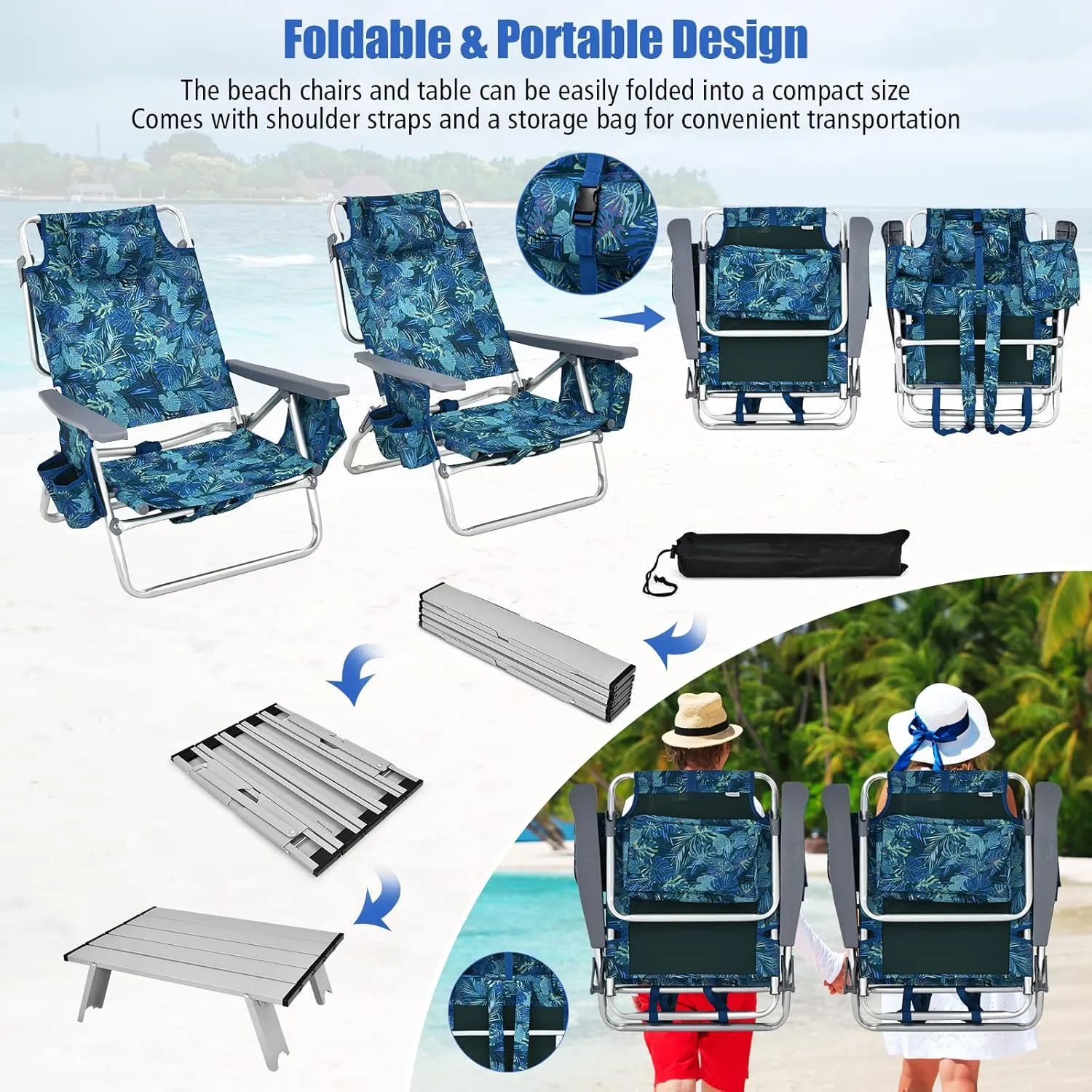 Backpack Beach Chair, 5 Position Adjustable Camping Chairs with Aluminum Table, Head Pillow, Cooler Bag, Cup Holders, Folding Beach Chairs for Adults (with Table, Blue Leaves)